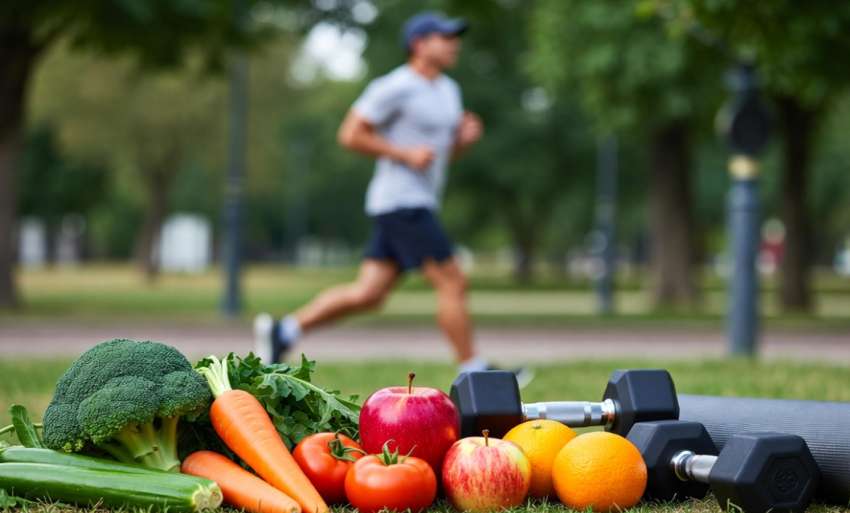 Futó férfi parkban egészséges ételekkel és edzőeszközökkel – hatékony fogyás és fitnesz 2026