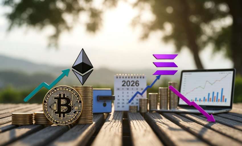 Kriptovaluta befektetés 2026 koncepció – Bitcoin, Ethereum és Solana szimbólumok hardware wallettel, növekedési grafikonokkal és 2026 naptárral hegyi tájban