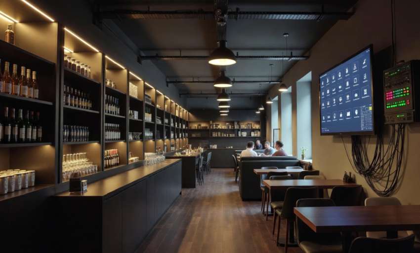 Modern étterem belső tér digitális készletgazdálkodási technológiával, nagy képernyőn inventory dashboard, tablet az asztalon, elegáns sötét dizájn, Győr ihlette vendéglátóipari digitalizáció