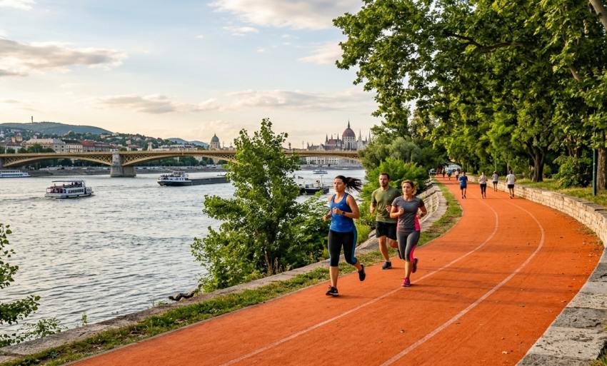 Futók a Margit-szigeti rekortán futópályán Budapesten, a háttérben a Dunával és a Parlamenttel.