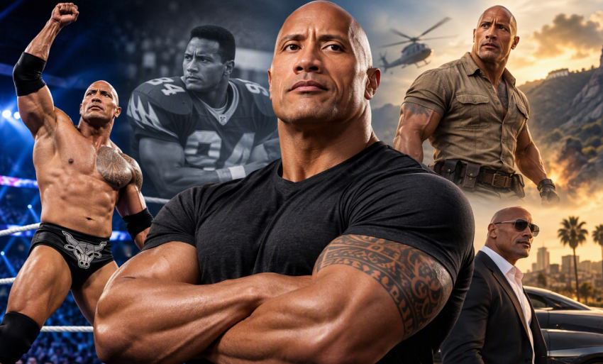 Dwayne "The Rock" Johnson kollázskép, amely mutatja korábbi amerikai futballista korszakát, pankrátori múltját és hollywoodi filmszerepeit.